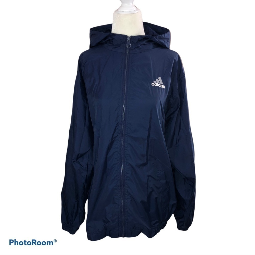 Vintage ADIDAS Navy Logo Hooded Full Zipper Windbreaker Jacket